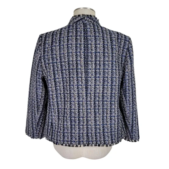 Ann Taylor Factory Tweed Skirt Suit 12 Black Tan Fringe Trim Pockets Open Front - Picture 6 of 11